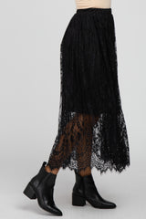 Black Lace Pleated Scalloped Maxi Skirt