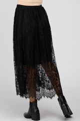 Black Lace Pleated Scalloped Maxi Skirt