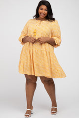 Yellow Floral Tiered Long Sleeve Plus Dress