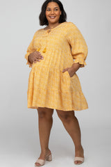 Yellow Floral Tiered Long Sleeve Plus Maternity Dress