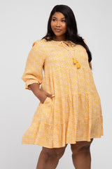 Yellow Floral Tiered Long Sleeve Plus Dress