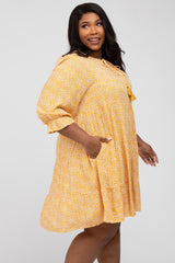 Yellow Floral Tiered Long Sleeve Plus Dress