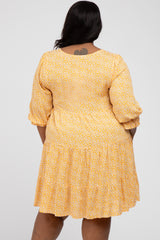 Yellow Floral Tiered Long Sleeve Plus Dress