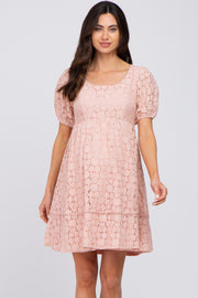 Pink Floral Lace Short Sleeve Maternity Dress