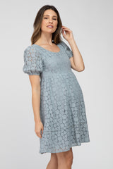 Blue Floral Lace Short Sleeve Maternity Dress