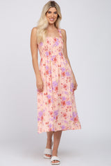 Peach Floral Smocked Square Neck Maternity Midi Dress