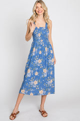 Blue Floral Smocked Square Neck Midi Dress