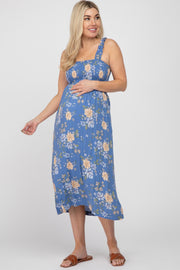 Blue Floral Smocked Square Neck Maternity Midi Dress