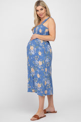 Blue Floral Smocked Square Neck Maternity Midi Dress