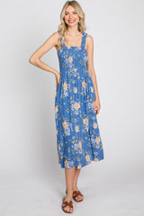 Blue Floral Smocked Square Neck Midi Dress