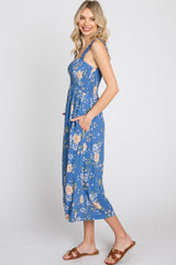 Blue Floral Smocked Square Neck Midi Dress