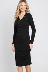 Black Ribbed Button Accent Dress