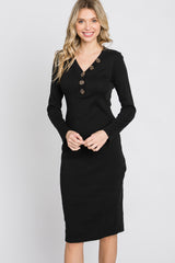 Black Ribbed Button Accent Dress