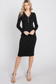 Black Ribbed Button Accent Dress