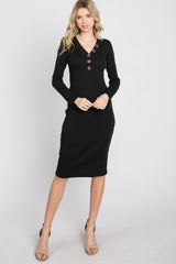 Black Ribbed Button Accent Maternity Dress