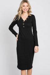 Black Ribbed Button Accent Dress