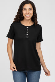 Black Button Front Waffle Knit Short Sleeve Top