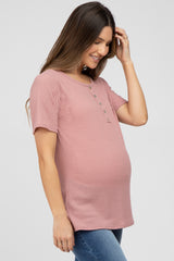 Mauve Button Front Waffle Knit Short Sleeve Maternity Top