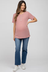 Mauve Button Front Waffle Knit Short Sleeve Maternity Top