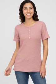 Mauve Button Front Waffle Knit Short Sleeve Top