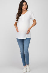 Ivory Button Front Waffle Knit Short Sleeve Maternity Top