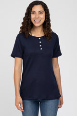 Navy Blue Button Front Waffle Knit Short Sleeve Top