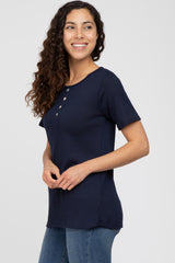 Navy Blue Button Front Waffle Knit Short Sleeve Top