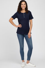 Navy Blue Button Front Waffle Knit Short Sleeve Top