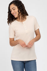 Beige Button Front Waffle Knit Short Sleeve Maternity Top