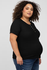 Black Button Front Waffle Knit Short Sleeve Maternity Plus Top