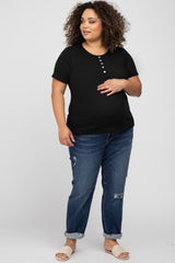 Black Button Front Waffle Knit Short Sleeve Maternity Plus Top