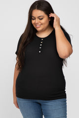 Black Button Front Waffle Knit Short Sleeve Maternity Plus Top