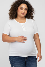 Ivory Button Front Waffle Knit Short Sleeve Maternity Plus Top