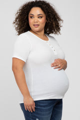 Ivory Button Front Waffle Knit Short Sleeve Maternity Plus Top