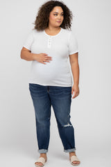 Ivory Button Front Waffle Knit Short Sleeve Maternity Plus Top