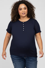 Navy Blue Button Front Waffle Knit Short Sleeve Maternity Plus Top