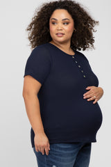 Navy Blue Button Front Waffle Knit Short Sleeve Maternity Plus Top