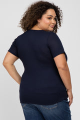 Navy Blue Button Front Waffle Knit Short Sleeve Maternity Plus Top