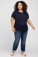 Navy Blue Button Front Waffle Knit Short Sleeve Maternity Plus Top