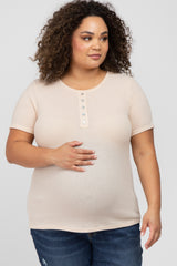 Beige Button Front Waffle Knit Short Sleeve Maternity Plus Top