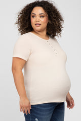 Beige Button Front Waffle Knit Short Sleeve Maternity Plus Top