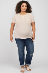 Beige Button Front Waffle Knit Short Sleeve Maternity Plus Top