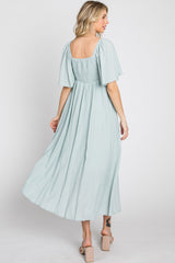 Light Blue Front Tie Ruffle Sleeve Midi Dress