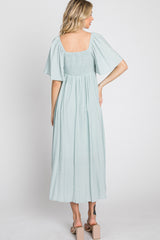 Light Blue Front Tie Ruffle Sleeve Midi Dress