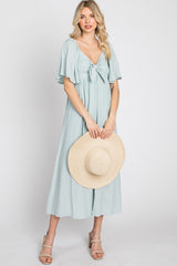 Light Blue Front Tie Ruffle Sleeve Midi Dress