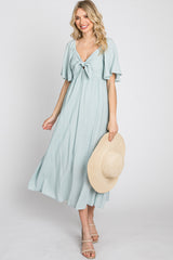 Light Blue Front Tie Ruffle Sleeve Midi Dress