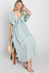 Light Blue Front Tie Ruffle Sleeve Midi Dress