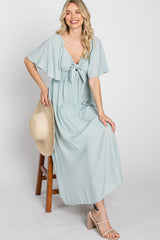 Light Blue Front Tie Ruffle Sleeve Midi Dress