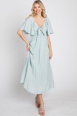 Light Blue Front Tie Ruffle Sleeve Midi Dress