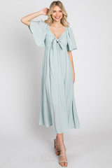 Light Blue Front Tie Ruffle Sleeve Midi Dress